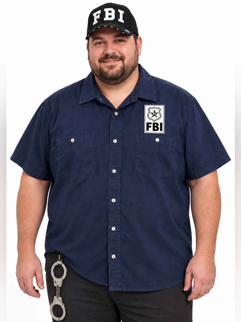 Men’s 4XL FBI-Inspired Costume – Navy Shirt, Cap, Handcuffs & FBI Logo Sticker